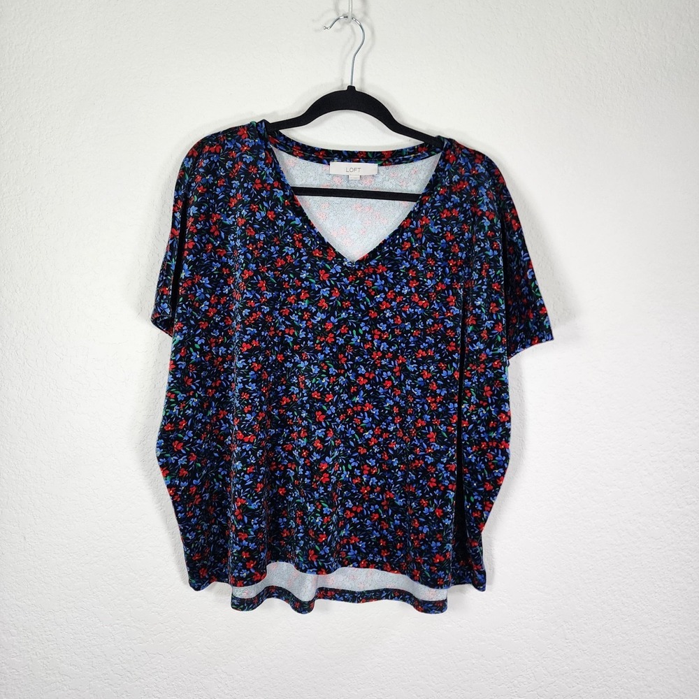 Loft Velvet Blouse Shirt Top V Neck Short Sleeve Romantic Floral Velour Size XL